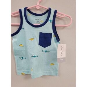 Carters Baby Boys Shark & Pizza Print Tank Top 3M Light Blue With Navy Pocket